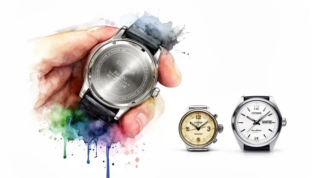 Eine Hand hält den Gehäuseboden einer Citizen-Uhr mit sichtbarer Seriennummer, daneben zwei weitere Citizen-Uhren.