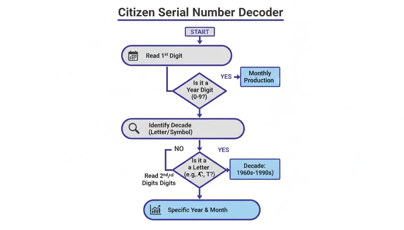 Flussdiagramm zur Entschlüsselung einer Citizen-Seriennummer für das Produktionsdatum.