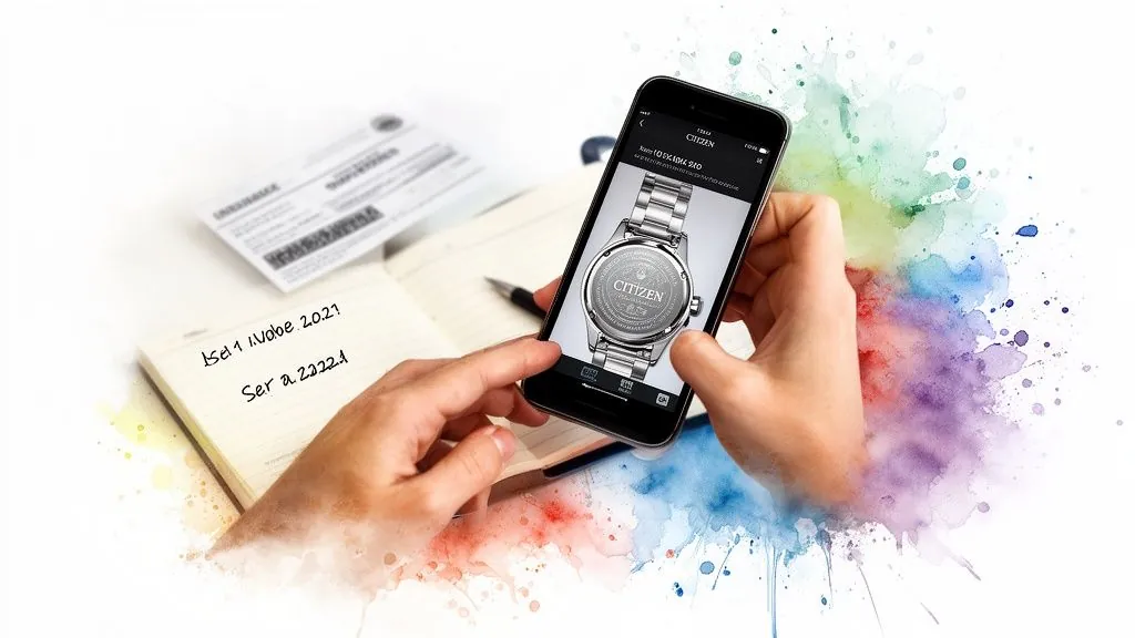 Hände halten ein Smartphone, das den Gehäuseboden einer Citizen-Uhr zeigt, daneben ein Notizbuch mit einer Seriennummer.