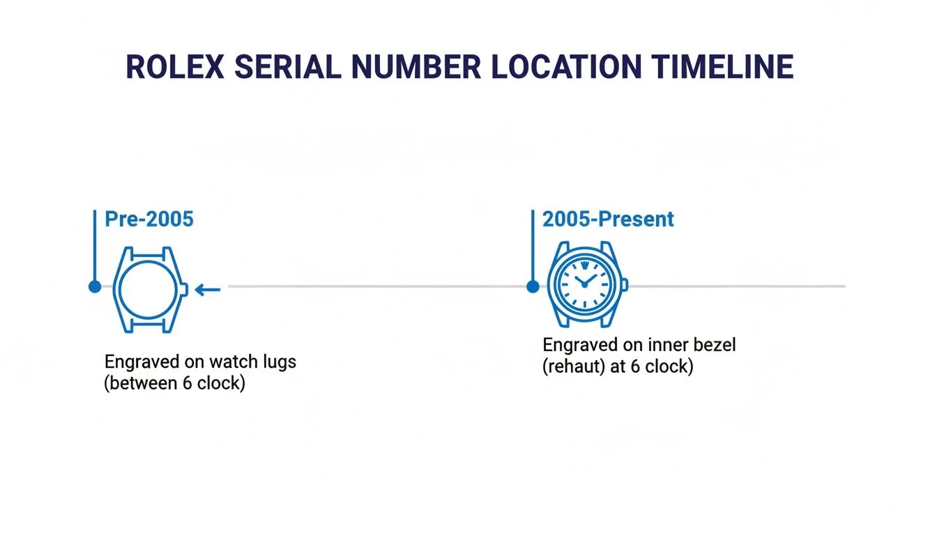 A timeline illustrating Rolex serial number locations: Pre-2005 on watch lugs, 2005-Present on the inner bezel (rehaut).