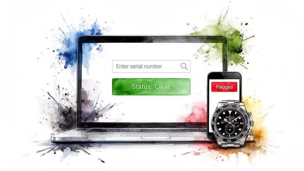 Laptop checking a serial number for a Rolex watch, showing 'Status: Clear', while a phone displays 'Flagged'.