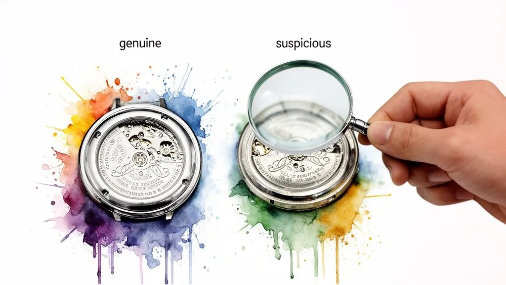 Two watch movements, one genuine and one suspicious, being inspected for authenticity with a magnifying glass.