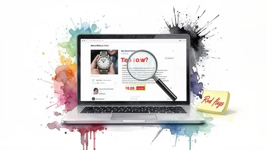 A laptop displaying an online product page for a watch, with a magnifying glass highlighting text and a 'Red Flags' sticky note.