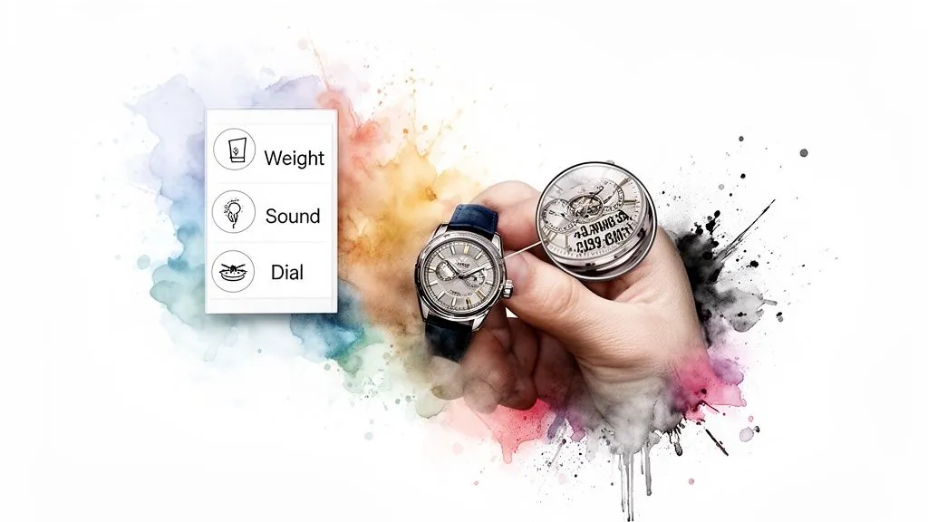A hand inspects a wristwatch with a magnified view of its intricate mechanism, highlighting watch quality features.