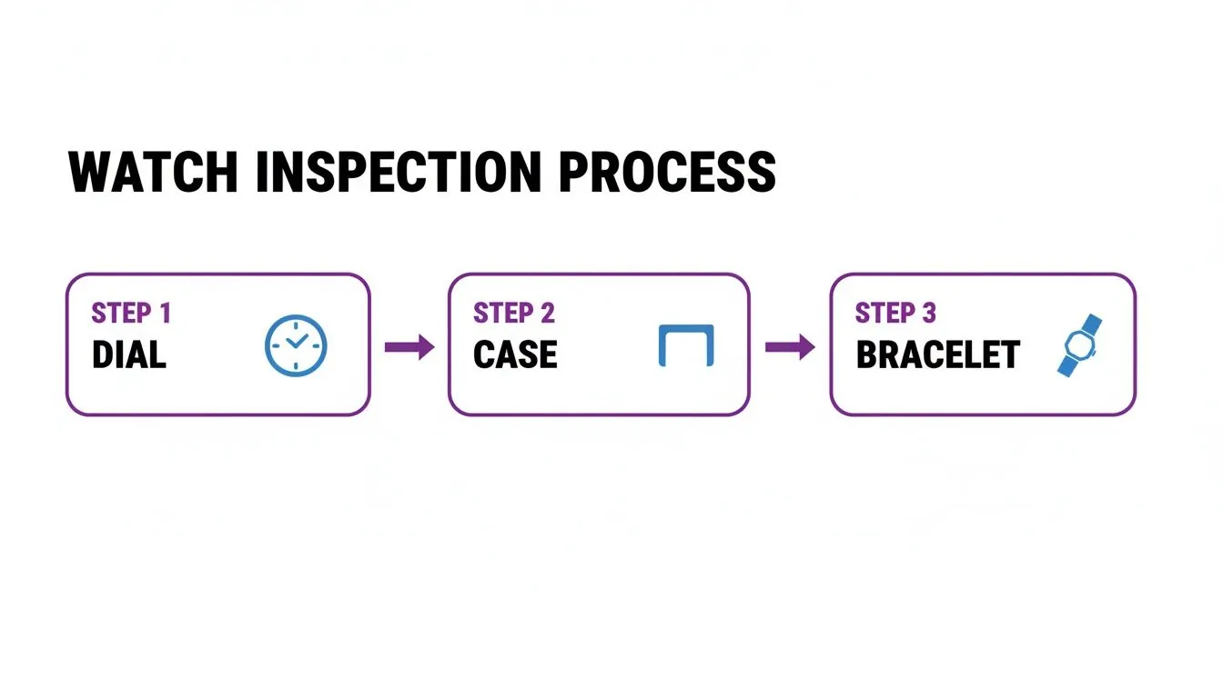 A diagram illustrating the watch inspection process, showing steps for the dial, case, and bracelet.