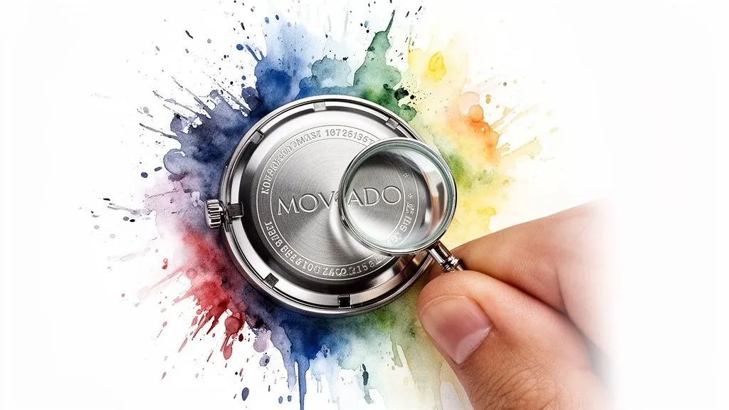 Eine Hand nutzt eine Lupe, um Details auf der Rückseite einer Movado zu untersuchen, vor buntem Aquarellhintergrund.