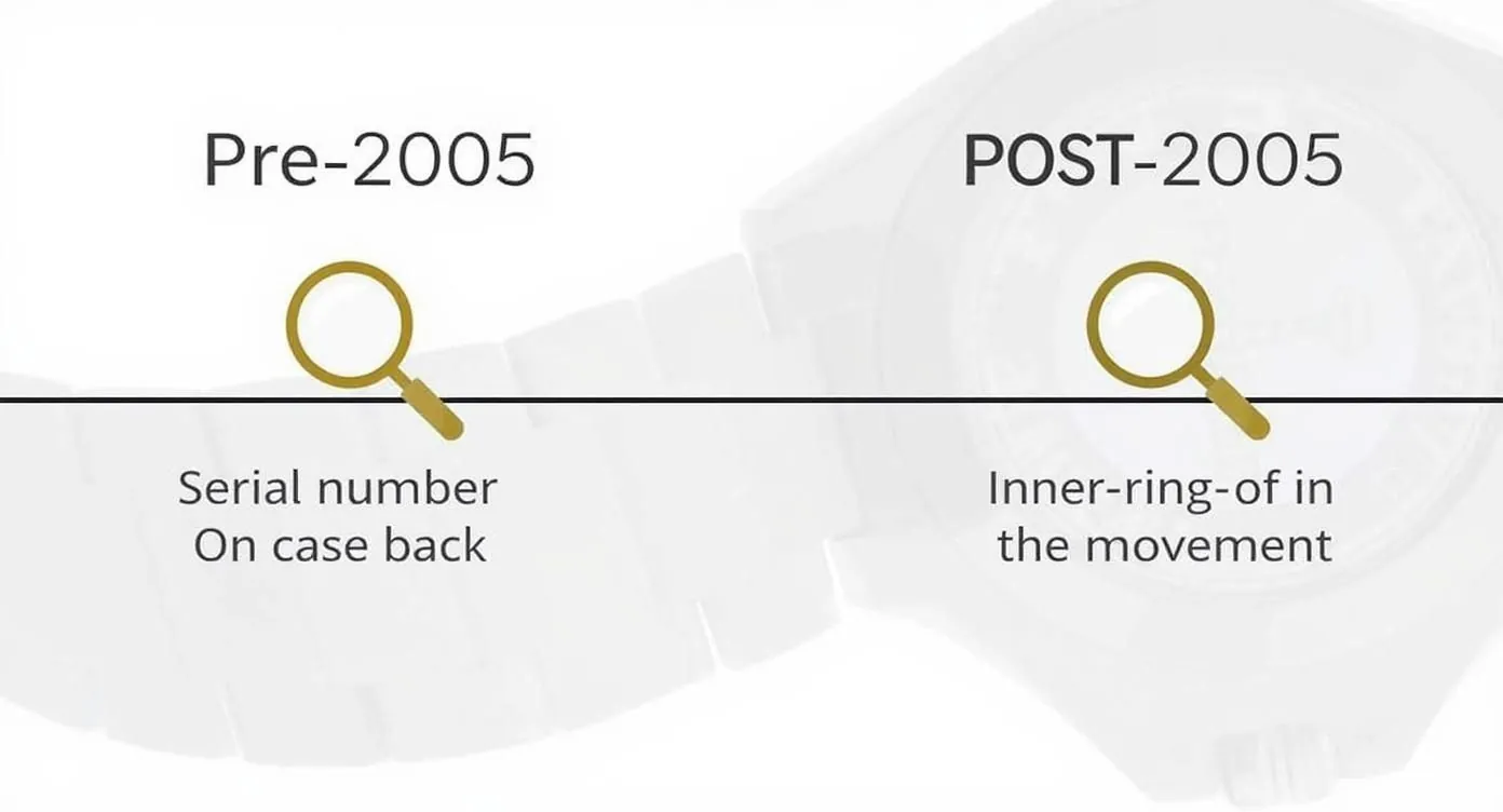 Timeline showing Rolex serial number location changes before and after 2005 with magnifying glass icons