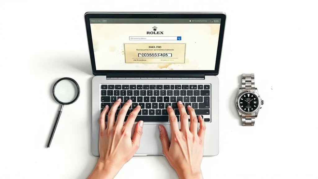 Person typing Rolex serial number on laptop to check authenticity and stolen watch database