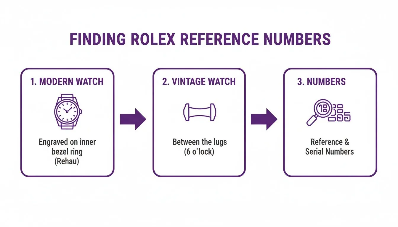 Flowchart showing how to find Rolex reference and serial numbers on modern and vintage watches.