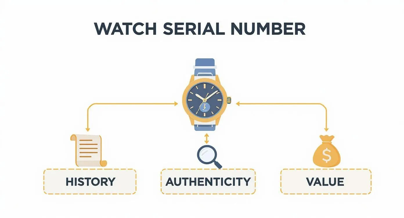 Infographic showing a watch serial number provides insights into its history, authenticity, and value.