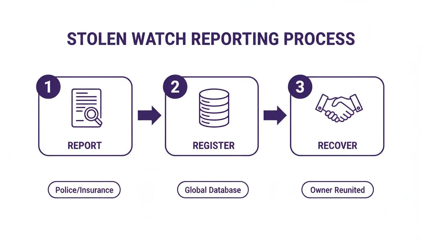 Infographic detailing the stolen watch reporting process: Report, Register, and Recover.