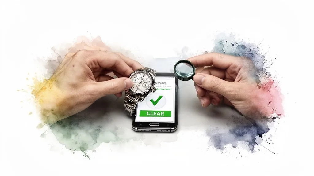 Hands verifying a Rolex watch with a smartphone and magnifying glass, showing 'CLEAR' status.