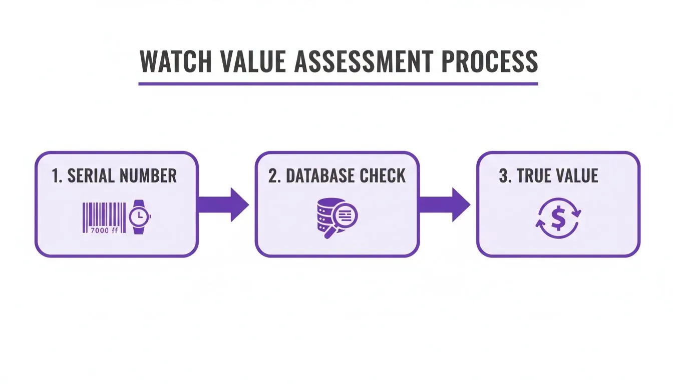 Flowchart showing the watch value assessment process using serial number, database check, and true value.