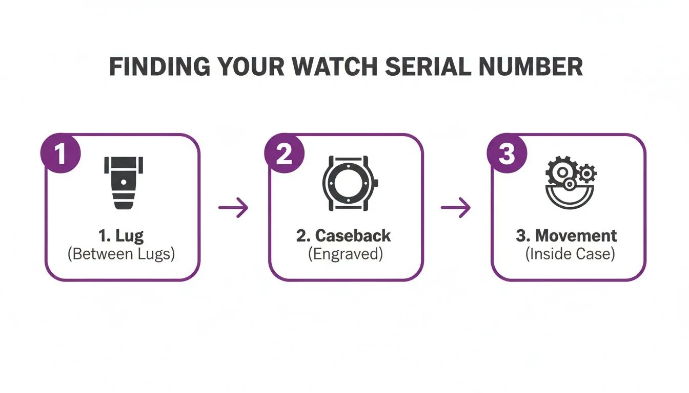 A step-by-step guide illustrating three places to find a watch serial number.