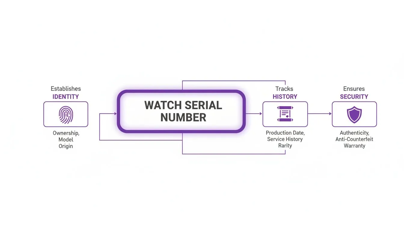 A diagram illustrating how a watch serial number establishes identity, tracks history, and ensures security.
