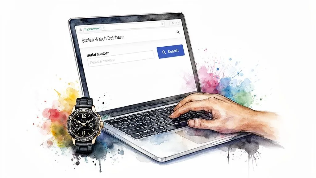 A hand types on a laptop searching a stolen watch database, with a luxury watch nearby.