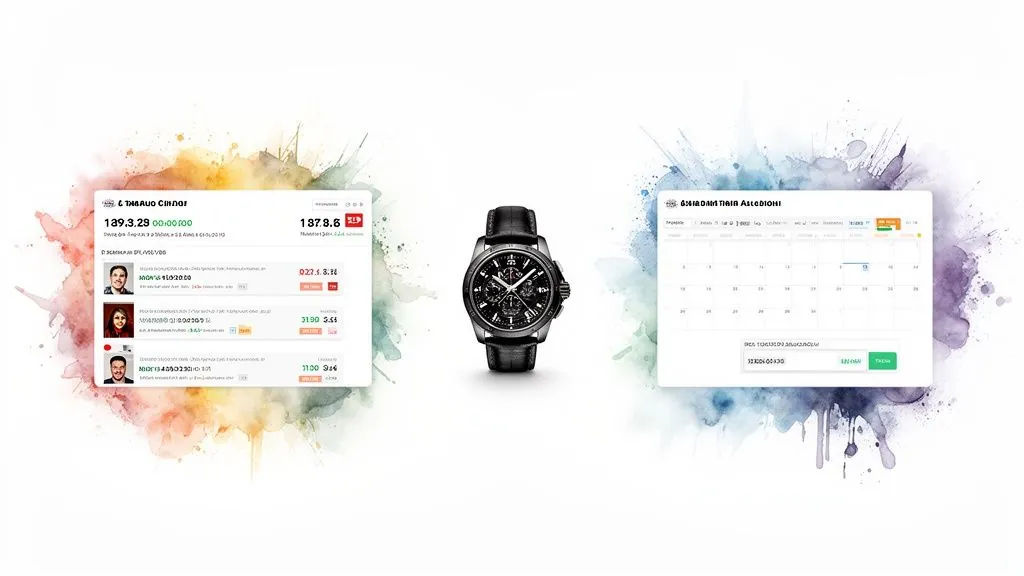 Luxury black chronograph watch between digital interfaces showing an auction and a calendar.