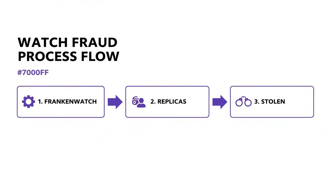 A process flow diagram illustrating watch fraud types: Frankenwatch, Replicas, and Stolen watches.